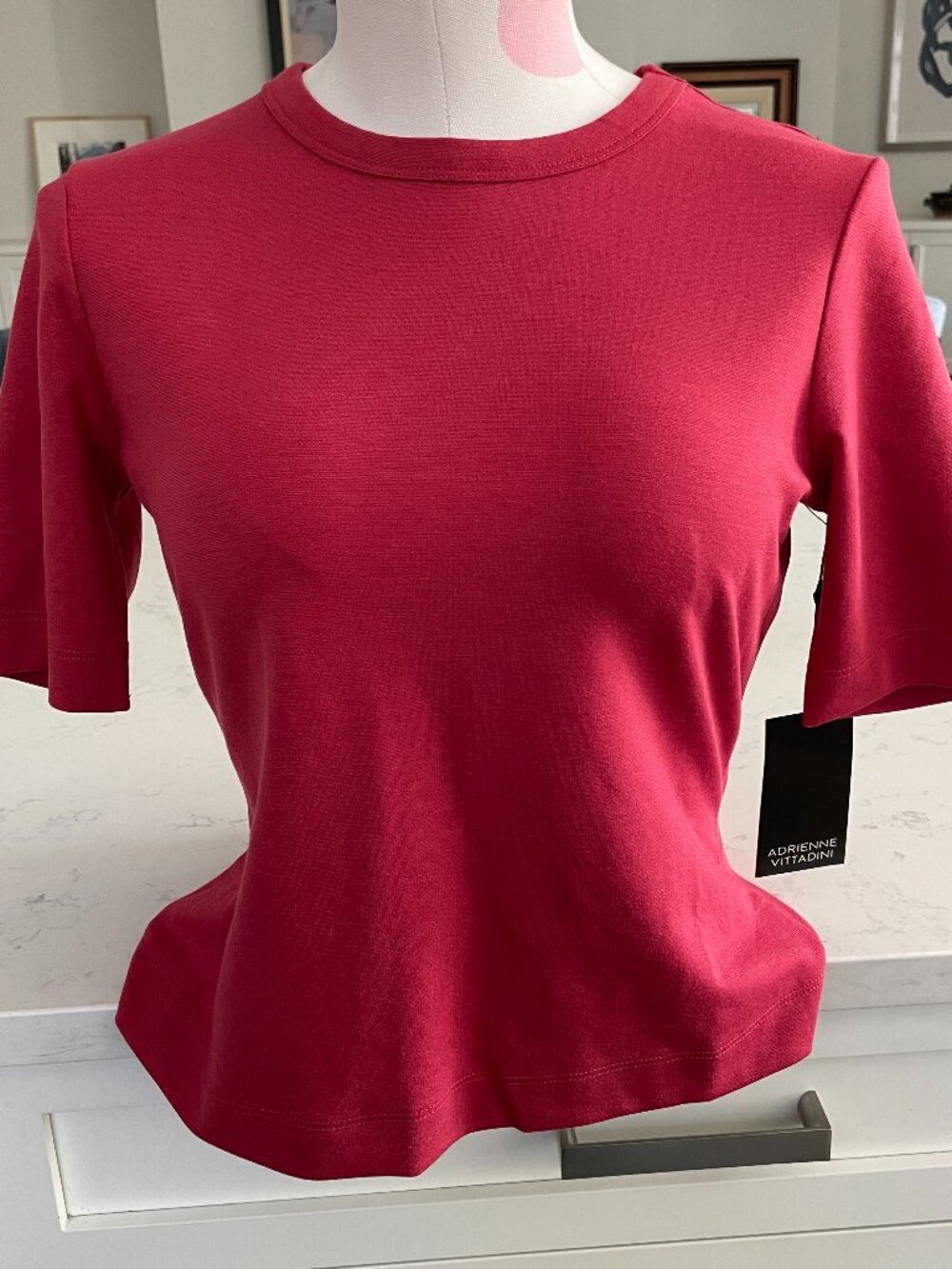 Adrienne Vittadini Ponte SS Crew Neck Rayon Nylon Classic Cropped Top Red Sz XS